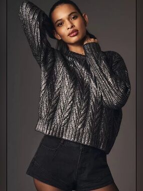 By Anthropologie Coated Metallic Silver Gunmetal Cable Knit Sweater Edgy XS ✨